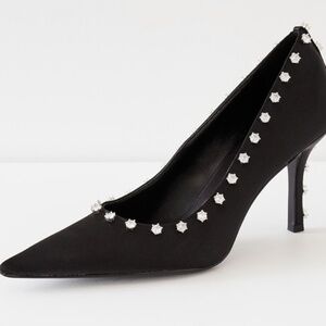 Alexander Wang Delphine 85 Crystal Stiletto Black Satin Evening Stud Pump Shoes